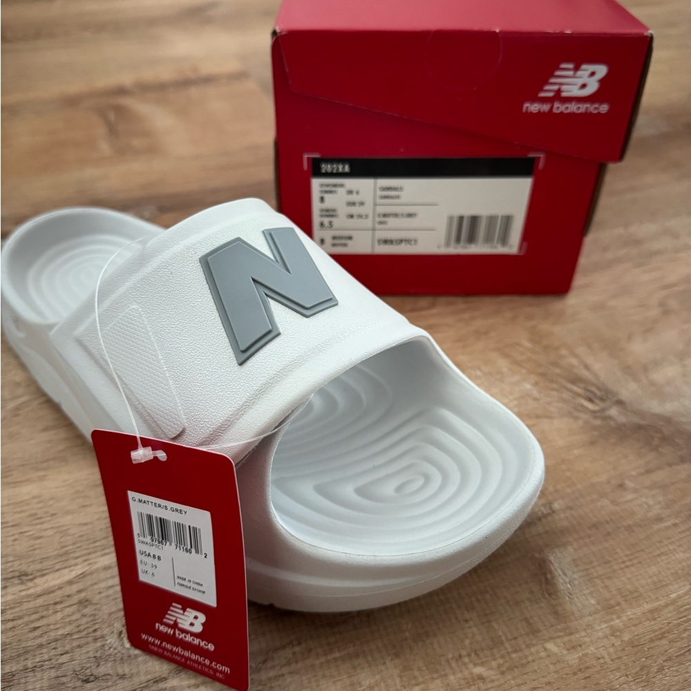 New Balance White and Gray Slide Sandals